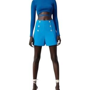 NWT Zara Sz M Cobalt Blue Gold Button Super High Rise Sailor Shorts Stretch 4”